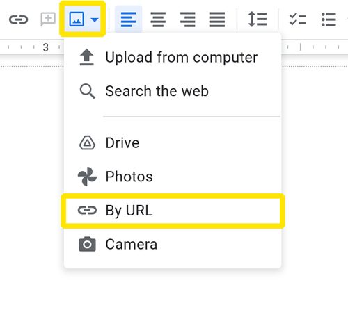 Screenshot showing how to add an image by URL in Google Docs